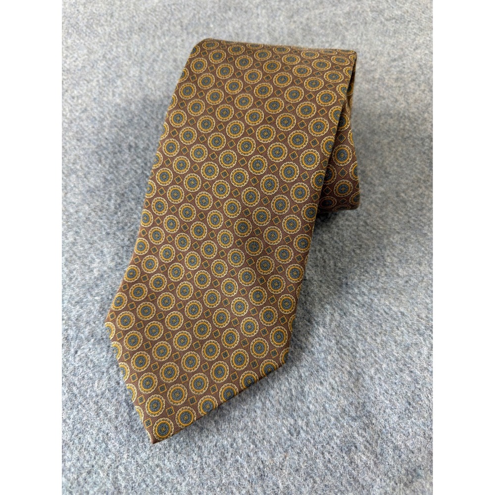 Brooks Brothers 346 Necktie Mens Brown Gold Blue Medallion Silk Geometric Tie